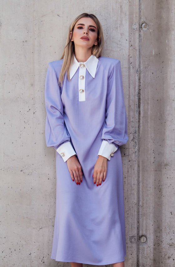 E|G 002 Lilac Midi Dress with Contrast Collar and Cuffs