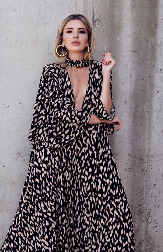 E|G 002 Kimono Sleeve Culotte Jumpsuit in Abstract Print and Neck Tie